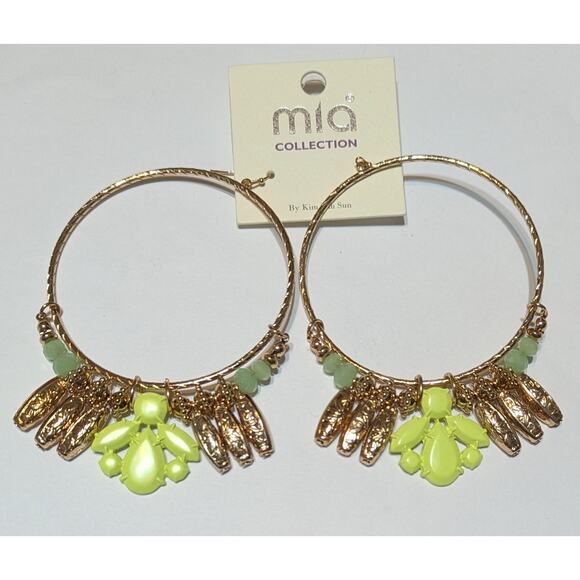MIA Collection Hoop Earrings Gold Tone Green Beads Neon Yellow Dangle Statement - Picture 8 of 8